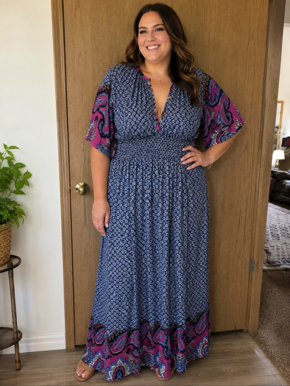 Plus Size Blue & Purple Printed Maxi Dress